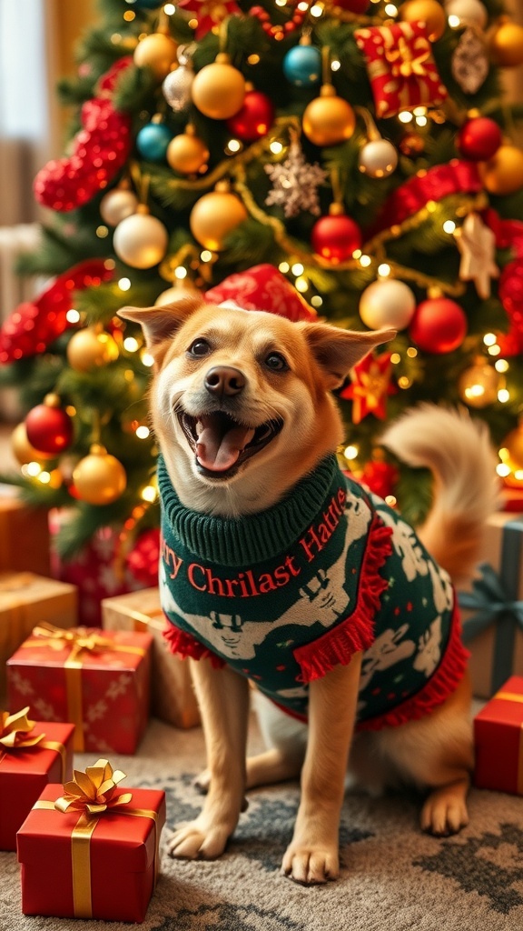A cheerful dog in a Christmas sweater next to a decorated tree and gifts.